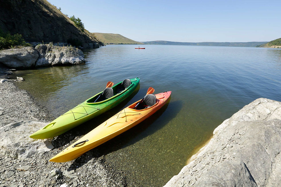 Colorful kayaks on lake