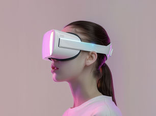 Mujer usando gafas de realidad virtual, explorando nuevas tecnologías digitales con mirada enfocada y curiosa.