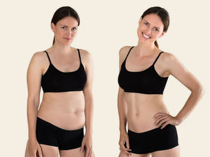 Before and after weight loss photos women wearing black sports bra and underwear