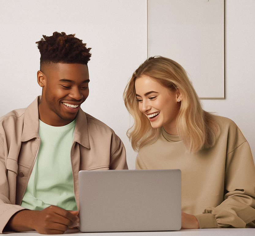 Woman and black man looking at laptop signing up for membership