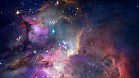 A vibrant cosmic nebula with swirling colors of purple, blue, and gold, filled with glowing stars and radiant light, resembling the iris of a vast celestial eye in the poem “In the Iris of the Cosmic Eye.”