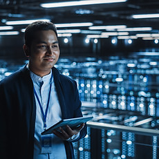 Male employee smiling in a server room