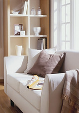 Sofa and coffee table in sunny room