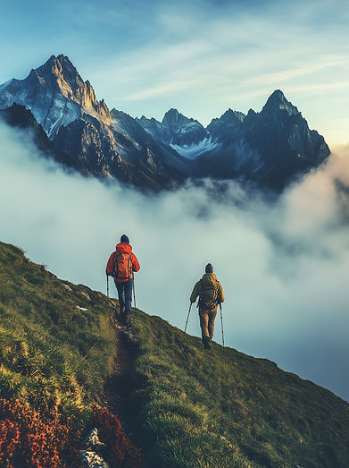 Hikers in Mountain Fog