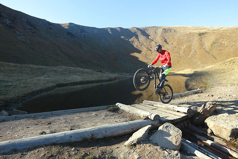 Radfahrer führt einen Wheelie durch