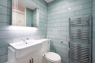 A general interior view of a small bathroom with green rectangular wall tiles