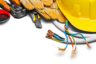 A yellow hard hat, work gloves, and a bundle of exposed electrical wires lie on a white surface