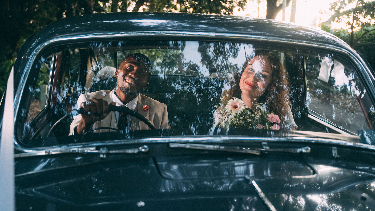 Wedding Couple in Car