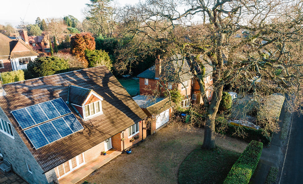 Solar panels on houses at sunrise