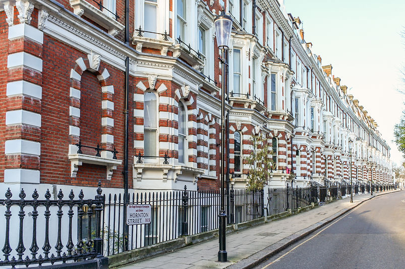 White and Red house facades in Kensington and Chelsea, London, UK