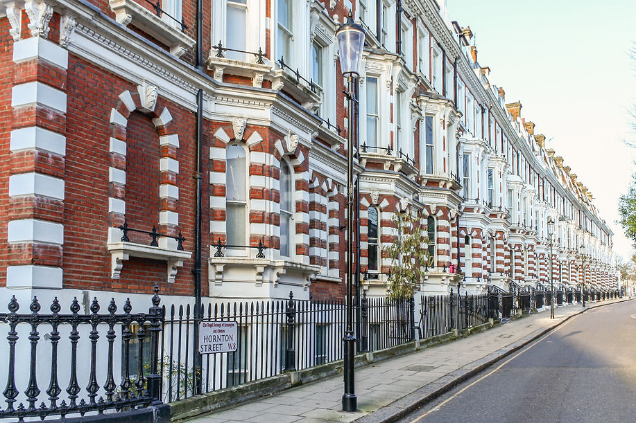 White and Red house facades in Kensington and Chelsea, London, UK