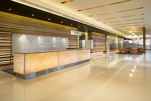 Spacious hotel lobby with modern design.