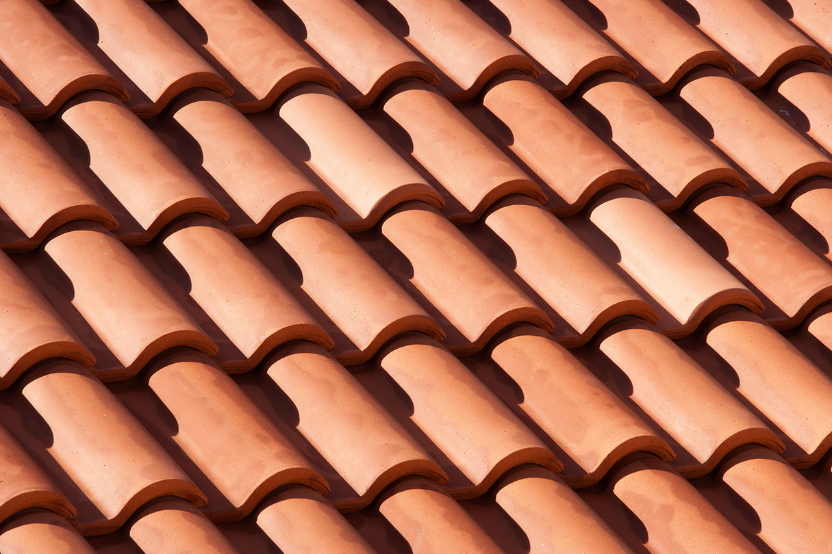 Close-up of a terracotta roof showing rows of curved, orange tiles