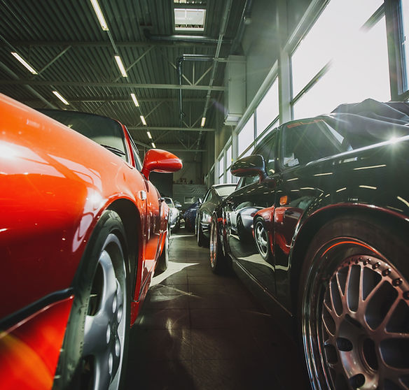 cars parked in a showroom