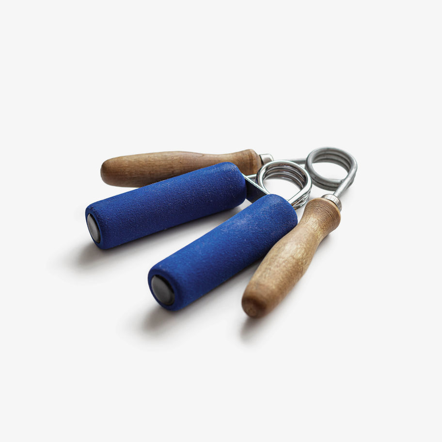 Blue hand gripper, wooden handles, fitness