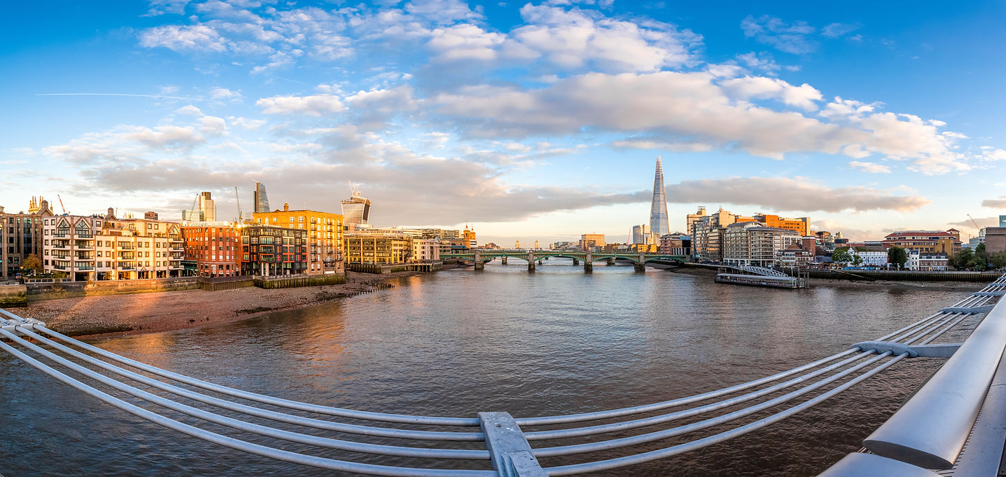 Panoramic view of the Thames from the Millennium Bridge, towards the Shard and Tower Bridge