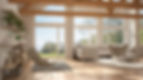 Living room of luxury eco house, parquet floor and wooden roof trusses
