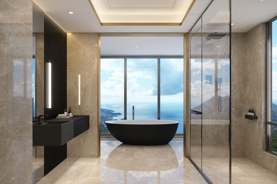 Elegant bathroom features a modern design with an ocean view. The black bathtub and contem