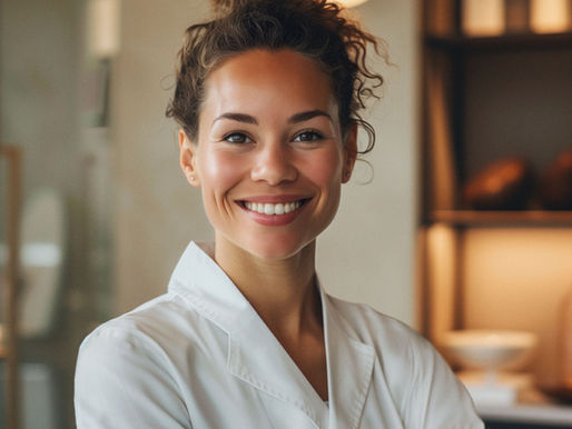 woman wearing a white robe, smiling and looking into the camera