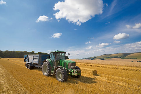 Tractor pulling trailer, with straw bales in sunny rural field