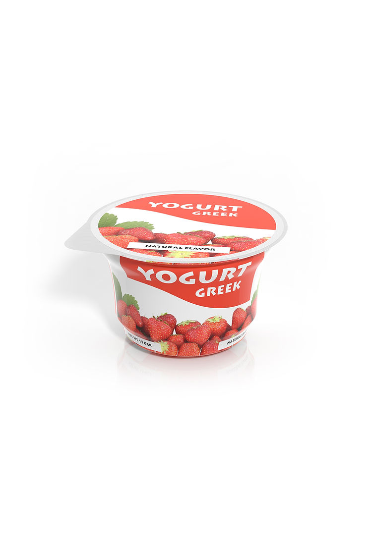 Pot de yaourt grec avec couvercle rouge orné de fraises et portant l'inscription « YAOURT GREC » et « SAVEUR NATURELLE » sur fond blanc.
