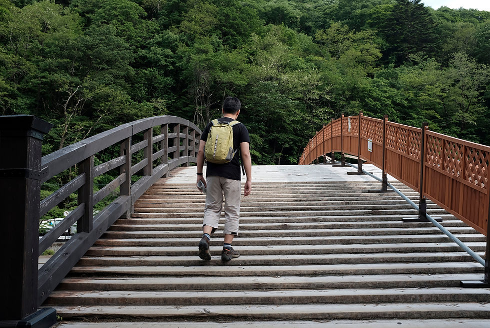 Uomo che cammina su un ponte