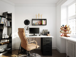 Interior design of a home office with modern furniture, desk, chair, and decorative elements