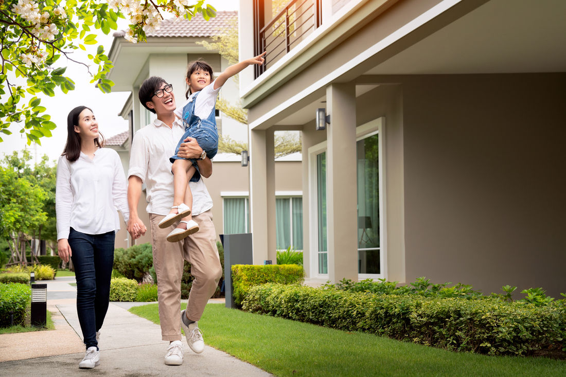 Family walking in the neighborhood
