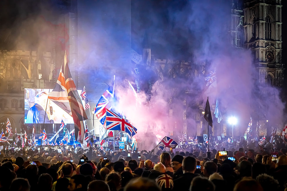 Brexit celebration, flags flying in London in front of huge crowds