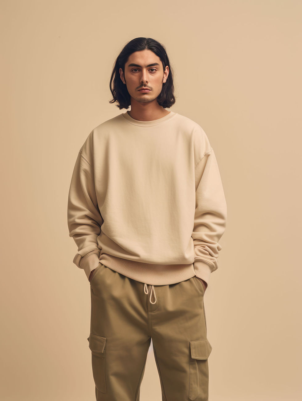 Man wearing a beige sweatshirt.