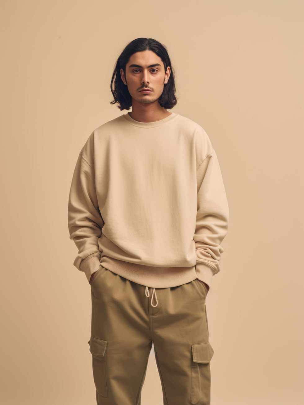 Man in tan sweatshirt and cargo pants, standing, U&H eCommerce.
