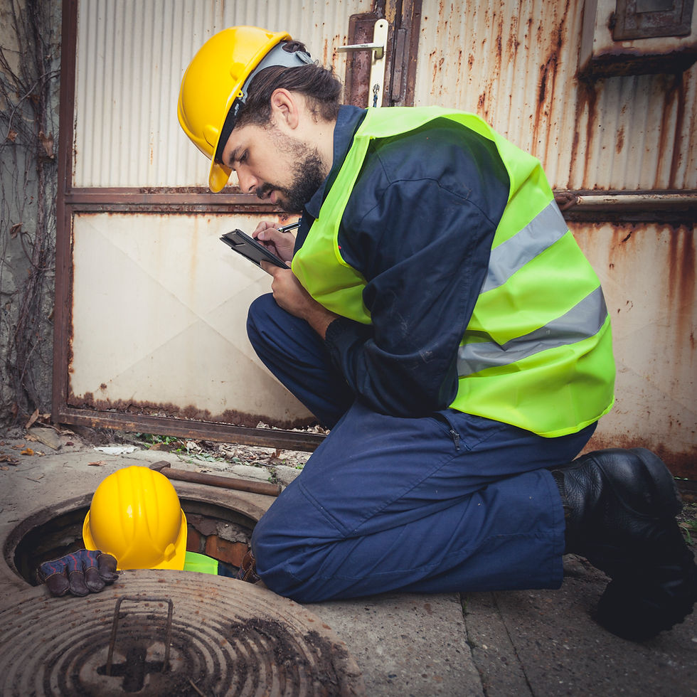 Worker taking notes while supervising a technician inside a manhole