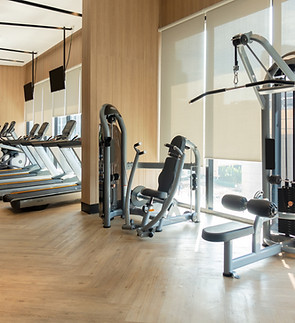 Interior of a modern gym with state-of-the-art fitness equipment, weights, and exercise machines. People engaged in various workouts, promoting a healthy and active lifestyle.