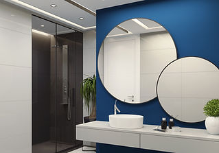 contemporary minimalist blue and white bathroom two round mirrors with black frames are on