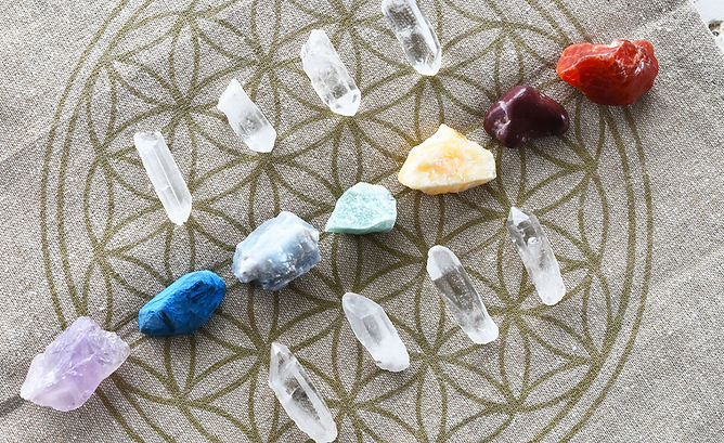 A mat set up with crystals