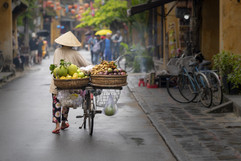 Vietnamese woman selling fruit on a bike in the streets of Hanoi, Vietnam