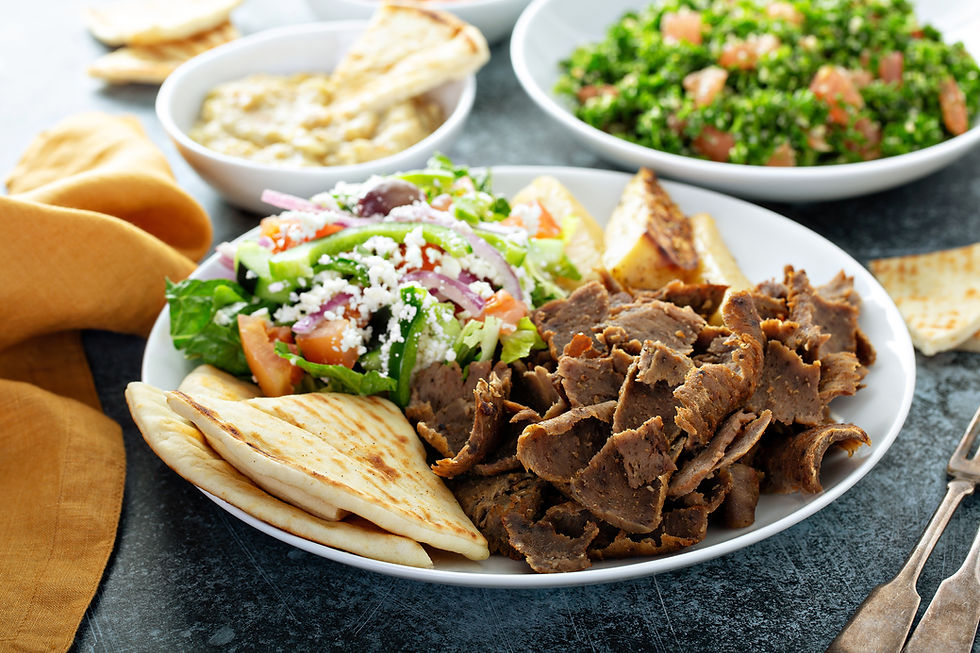 Mediterranean Food Plate with gyro meat, pita bread and lettuce