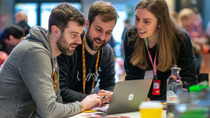 Three people smile while collaborating on a laptop at a table with colorful items.