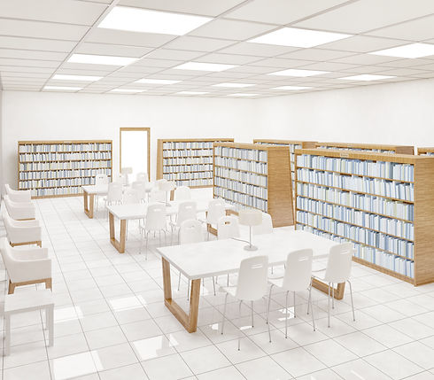 A white-themed classroom with white tiles, furniture and bookshelves