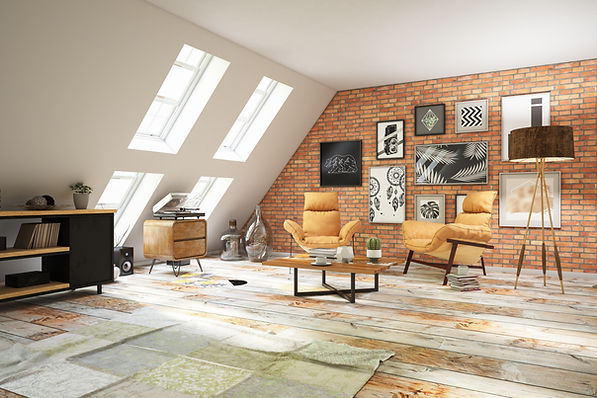 Stylish loft lounge with skylights, feature wall and comfortable seating area