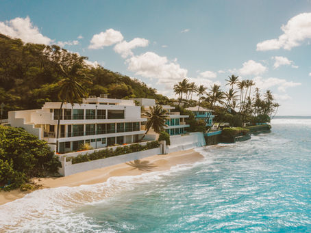 Modern white beachfront villas beside palm trees and turquoise surf under a bright blue sky on a tropical coast