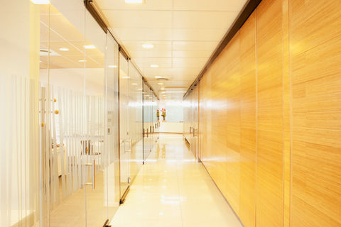 Empty glass and wood modern office corridor