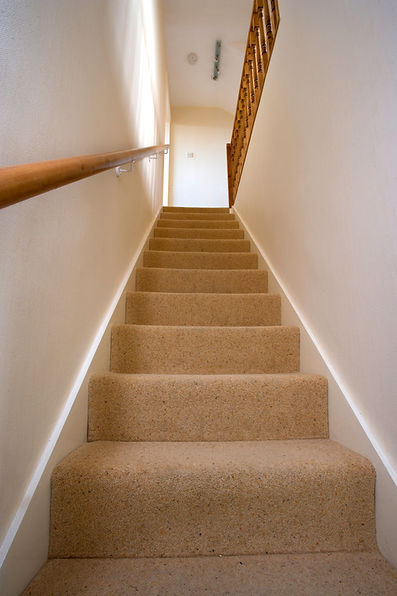 A modern staircase with beige carpet