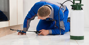 Technician in a blue uniform pointing at a pipe under a kitchen cabinet.