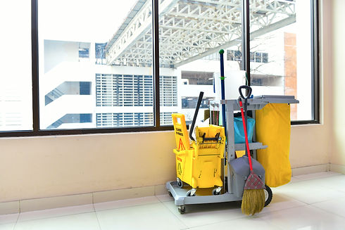 Cleaning tools cart wait for cleaning,Yellow mop bucket and set of cleaning equipment