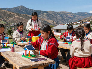 girls in traditional dress build solar panel models at wooden tables outdoors, with mountains and village houses behind them.