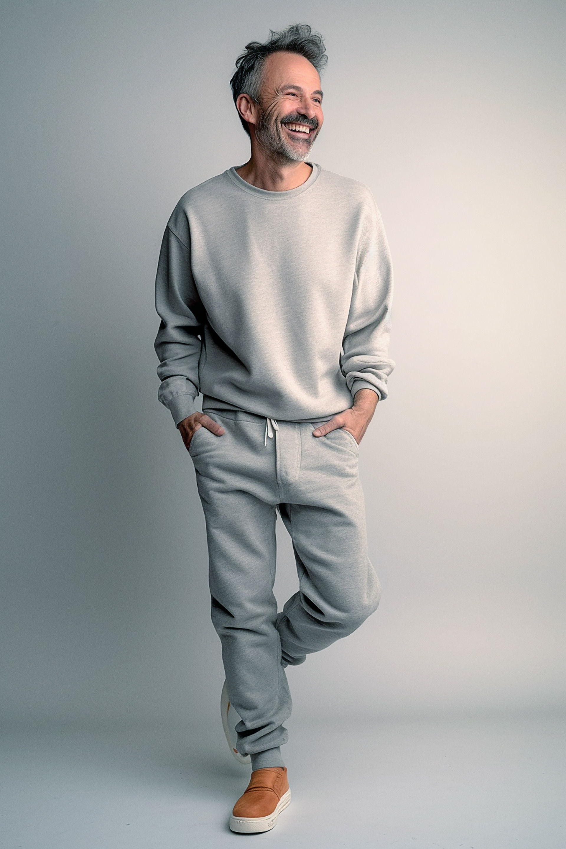 Man wearing grey casual jogging bottoms
