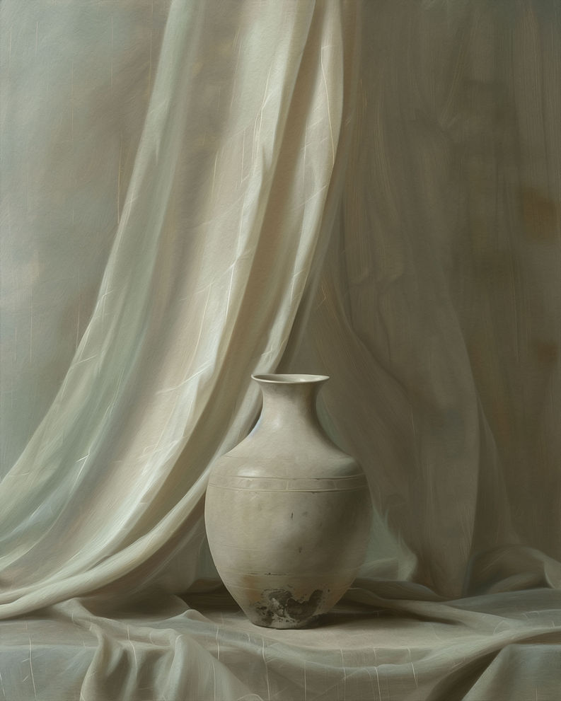 Tonvase mit Vorhängen