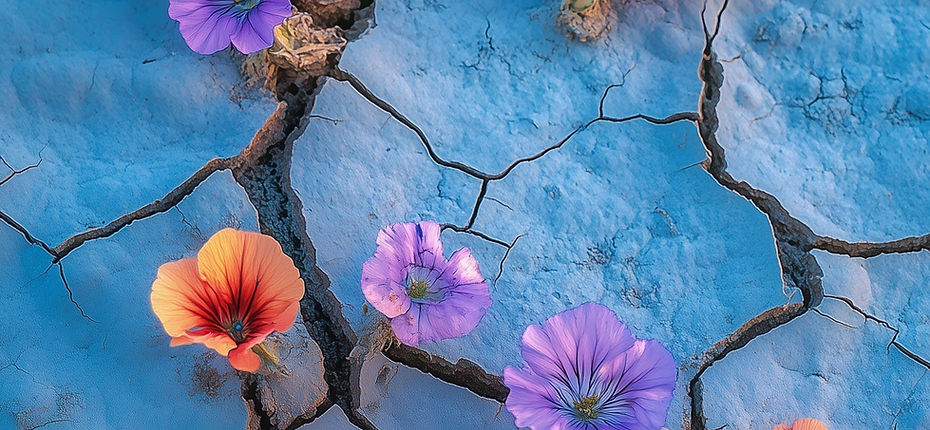 Fleurs sur terre craquelée