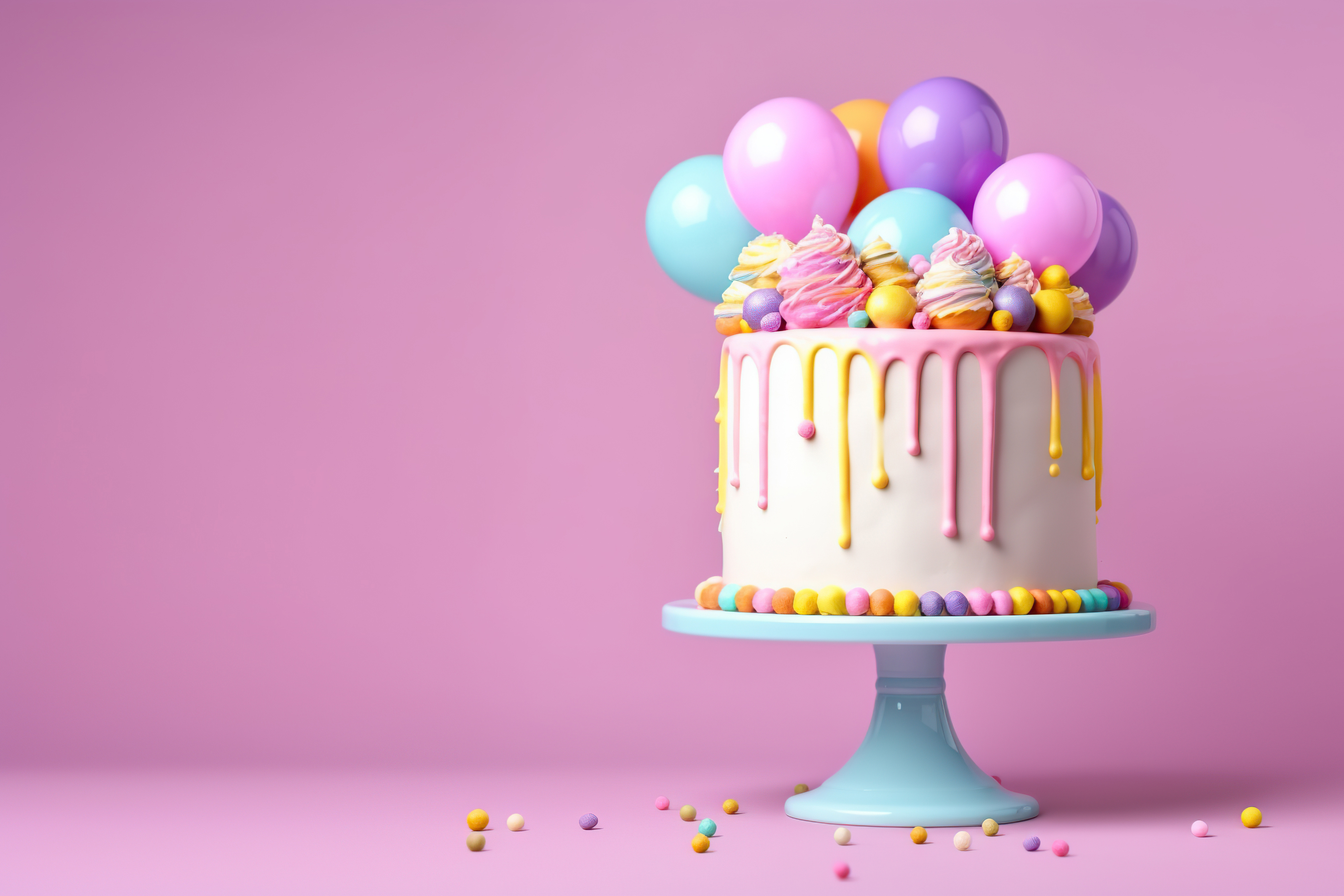 Eye-level view of a colorful birthday cake with candles